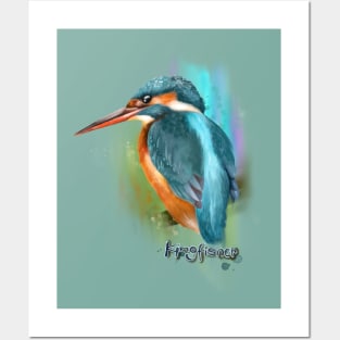 Water color paint Kingfisher bird with name. Posters and Art